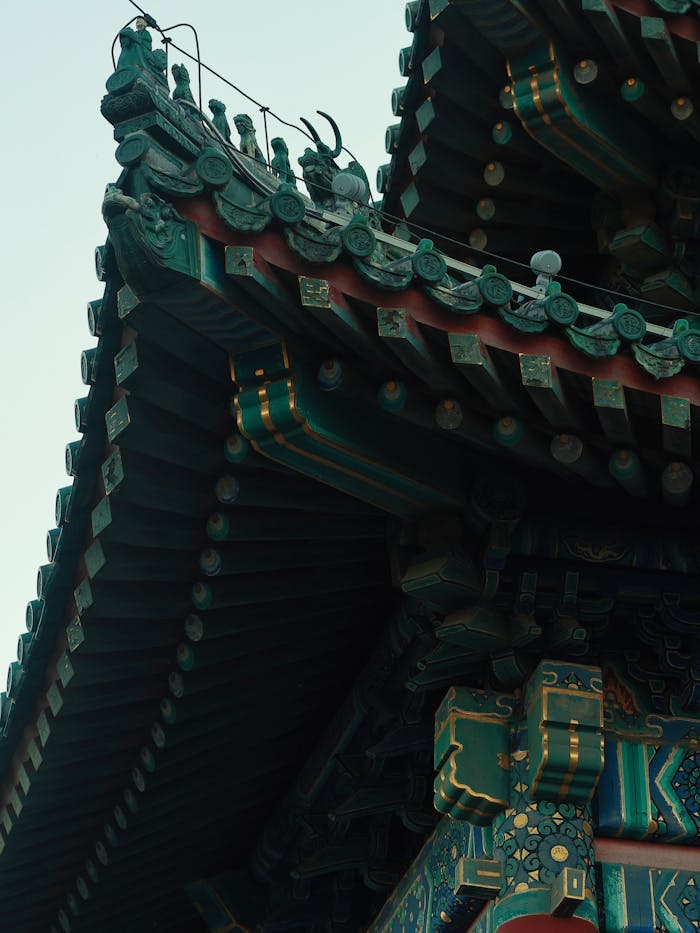 Detailed view of traditional Asian temple roof architecture highlighting colorful design elements.